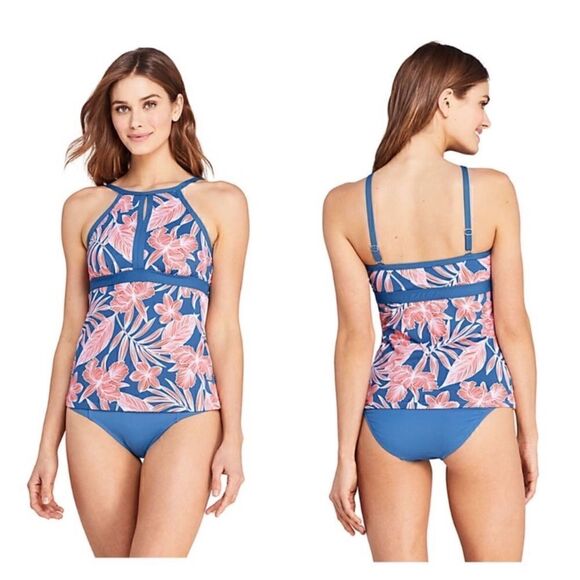 Land’s End Plus keyhole modest tankini tropic blue linear floral 14 DDD - Picture 1 of 3